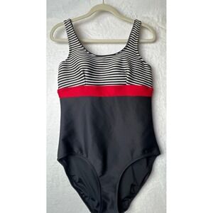 Lands End Swimsuit Women 10 Black White Stripe Underwire Built-In Bra Beach Pool